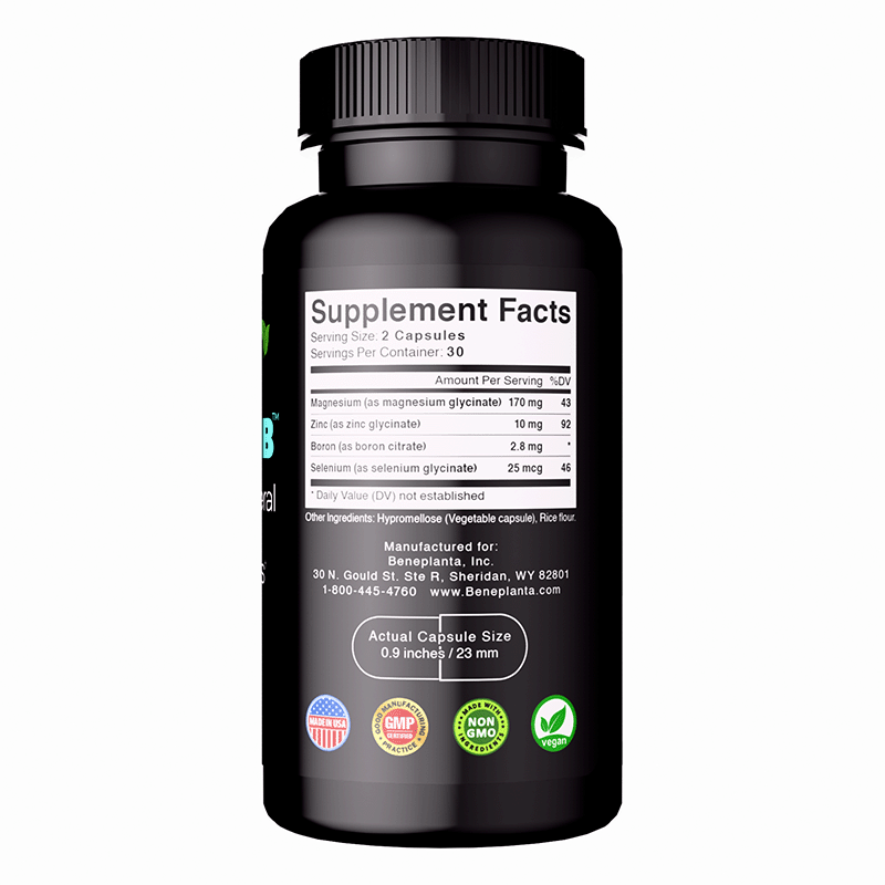 Beneplanta SEMAGZIB chelated mineral supplement bottle rotated view displaying complete supplement facts and nutritional information
