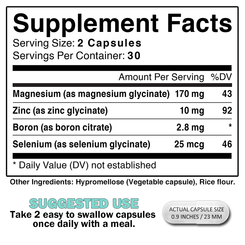 SEMAGZIB supplement facts panel showing chelated magnesium glycinate zinc glycinate selenium boron dosage and ingredients