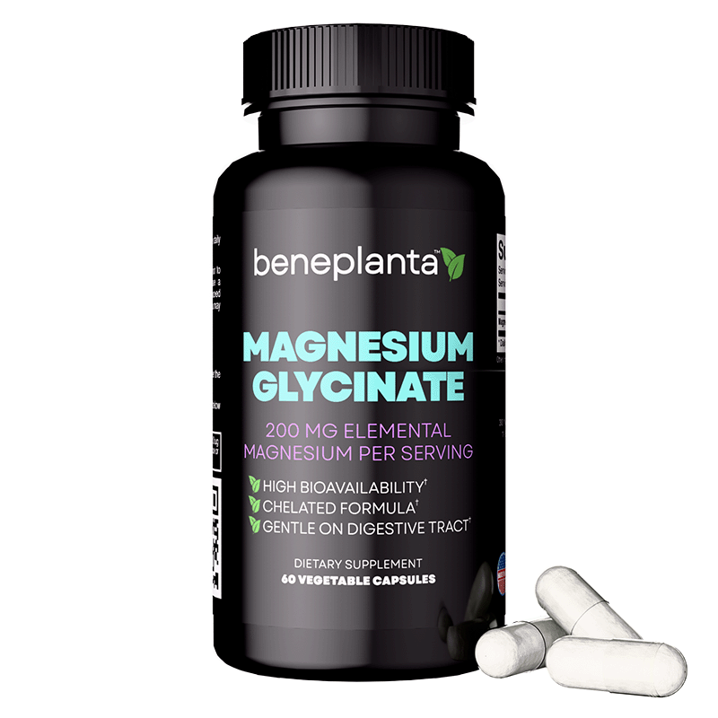 Beneplanta Magnesium Glycinate 200mg Chelated - High Absorption Sleep Support Supplement - 60 Capsules 30 Day Supply - Non-Laxative Gentle Formula