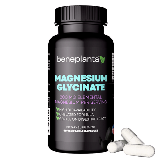 Beneplanta Magnesium Glycinate 200mg Chelated - High Absorption Sleep Support Supplement - 60 Capsules 30 Day Supply - Non-Laxative Gentle Formula