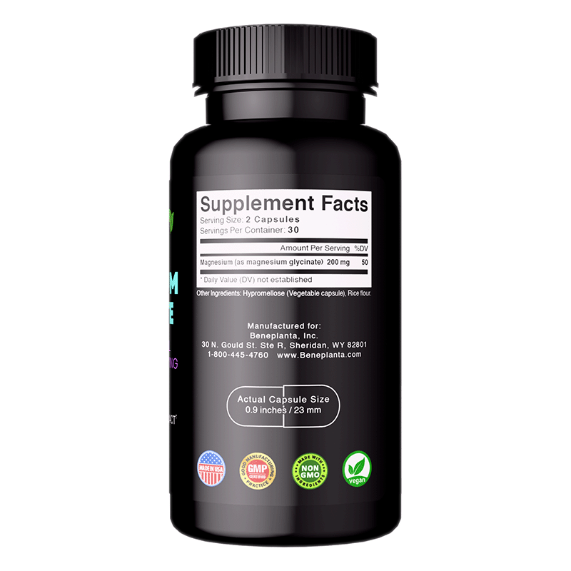 Beneplanta Magnesium Glycinate 200mg supplement facts panel showing chelated formula, 60 vegetable capsules, 30 servings, made in USA with GMP certification and third-party testing badges