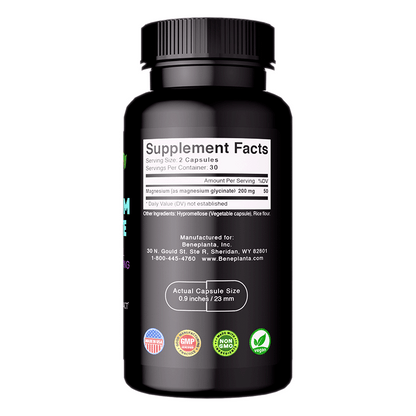 Beneplanta Magnesium Glycinate 200mg supplement facts panel showing chelated formula, 60 vegetable capsules, 30 servings, made in USA with GMP certification and third-party testing badges