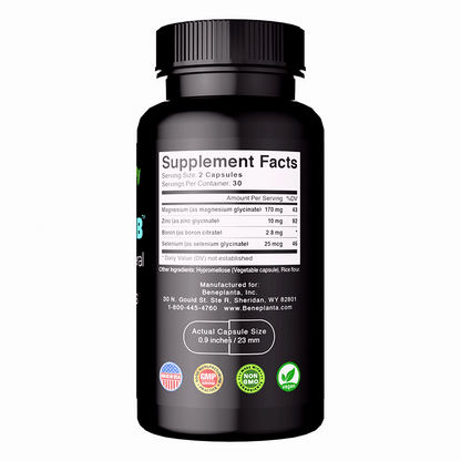 Beneplanta SEMAGZIB chelated mineral supplement bottle rotated view displaying complete supplement facts and nutritional information