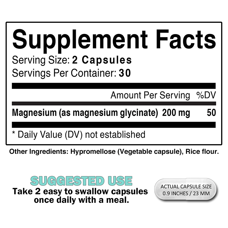 Clean supplement facts label for Magnesium Glycinate 200mg showing 2 capsule serving size, 30 servings per container, with hypromellose vegetable capsules and rice flour