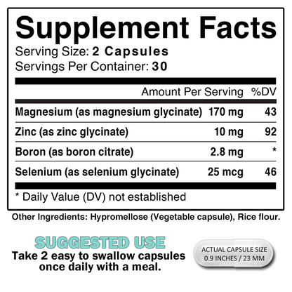SEMAGZIB supplement facts panel showing chelated magnesium glycinate zinc glycinate selenium boron dosage and ingredients